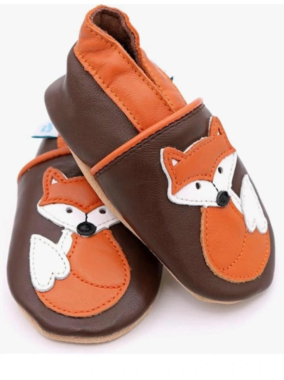 Toddler Brown Leather Slip-On Shoes Slippers with Orange Fox Appliqué